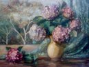 Still Life, Hydrangeas in Vase with curtain backdrop with a window to the outside landscape of gum trees and a grass area.